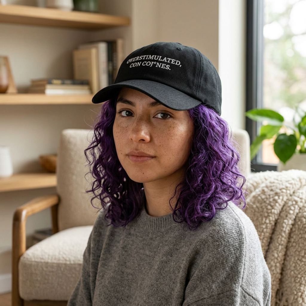 Embroidered Black Denim Hat — "Overstimulated, Con coj*nes." Statement Cap